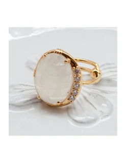 BAGUE ASYMETRIQUE PIERRE SERTIE LABRADORITE BLANCHE ET ZIRCONS