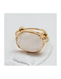 BAGUE OVALE PIERRE PLATE LABRADORITE BLANCHE