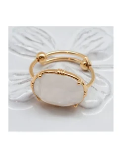 BAGUE OVALE PIERRE PLATE LABRADORITE BLANCHE