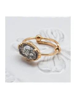 BAGUE PIERRE OVALE HORIZONTALE QUARTZ RUTILE NOIR