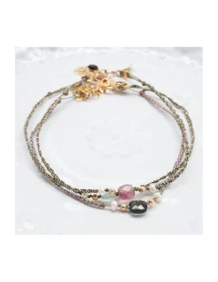 BIANCA - BRACELET DE CHEVILLE TOURMALINE (COULEUR AU CHOIX) ET PERLES DE CULTURE SUR TRESSE LUREX