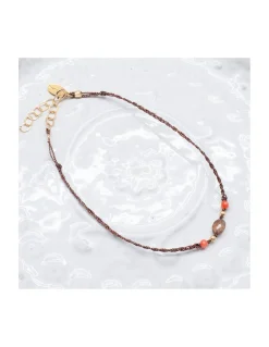BIANCA - BRACELET DE CHEVILLE ANDALOUSITE ET CORAIL BAMBOO SUR TRESSE LUREX
