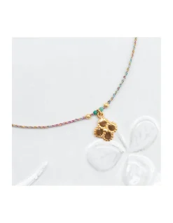 BIANCA - COLLIER PENDENTIF FLEUR INDIENNE ET TURQUOISES SUR TRESSE LUREX