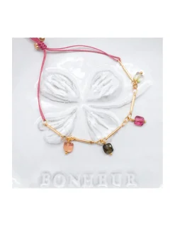CANNES - BRACELET CHAÎNE TUBES FINS ET TOURMALINES PAMPILLES SUR CORDON