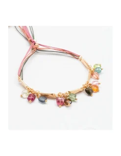 CANNES - BRACELET CHAÎNE TUBES FINS ET TOURMALINES PAMPILLES SUR CORDON