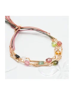 CANNES - BRACELET CHAÎNE TUBES FINS ET TOURMALINES CARRÉES SUR CORDON