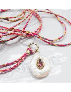 COLLIER - NAIADE PERLE D'EAU DOUCE ET TOURMALINE ROSE SUR CORDON EN SOIE