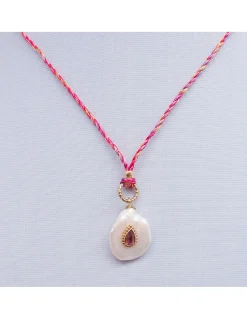 COLLIER - NAIADE PERLE D'EAU DOUCE ET TOURMALINE ROSE SUR CORDON EN SOIE