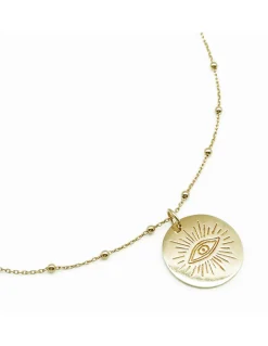 COLLIER CHAINE MIXTE 45CM ET MEDAILLE OEIL GRAVE