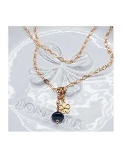 EVERGREEN - COLLIER CHAÎNE PLAQUEE OR ET CHARMS FLEUR, ZIRCON, LONDON BLUE TOPAZ ET SAPHIR