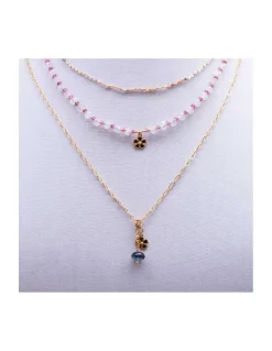 EVERGREEN - COLLIER CHAÎNE PLAQUEE OR ET CHARMS FLEUR, ZIRCON, LONDON BLUE TOPAZ ET SAPHIR
