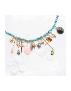 GIGI - COLLIER 50CM TURQUOISES RONDELLES NOUÉES ET CHARMS