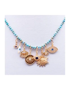 GIGI - COLLIER COURT TURQUOISES ET 8 CHARMS YEUX
