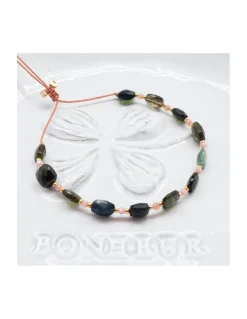 HOLLY TOURMALINES - BRACELET 12 TOURMALINES VERTES CARREES ET 11 RHODOCHROSITES ENTRE PERLES DORÉES