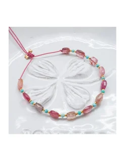 HOLLY TOURMALINES - BRACELET 12 TOURMALINES ROSES CARREES ET 11 TURQUOISES ENTRE PERLES DORÉES