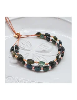 HOLLY TOURMALINES - BRACELET 12 TOURMALINES VERTES CARREES ET 11 RHODOCHROSITES ENTRE PERLES DORÉES