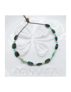 HOLLY TOURMALINES - BRACELET 12 TOURMALINES VERTES CARREES ET 11 TURQUOISES ENTRE PERLES DORÉES