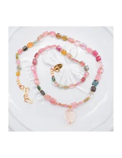ONE OF A KIND - COLLIER FULL TOURMALINES CARRÉES + PEACH MORGANITE EN PAMPILLE