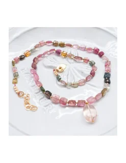 ONE OF A KIND - COLLIER FULL TOURMALINES CARRÉES + PEACH MORGANITE EN PAMPILLE