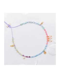 RIO - BRACELET ARC EN CIEL QUARTZ ROSE, OPALES JAUNES, LARIMARS, RHODOLITES, CHRYSOPRASES ET CORAIL BAMBOO SUR CORDON