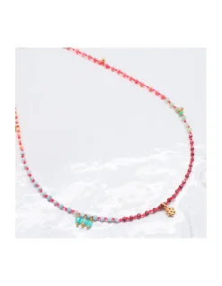 RIO - COLLIER ARC EN CIEL LONDON QUARTZ, OPALES JAUNES, LARIMARS, RHODOLITES, CHRYSOPRASES ET CORAIL BAMBOO SUR CORDON