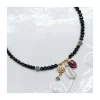 SWEET M - COLLIER TOURMALINES DARK, AQUAMARINES ORAGE, APATITES GREENISH ET 3 CHARMS